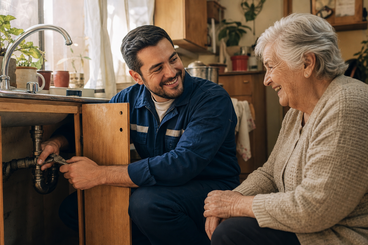 Gasfiter sonriendo junto a una abuelita en su hogar, tras resolver una reparación